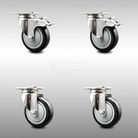 Service Caster 4 Inch 316SS Black Polyurethane Wheel Swivel Top Plate Caster Lock Brakes, 2PK SCC-SS316TTL20S414-PPUB-BLK-2-S-2